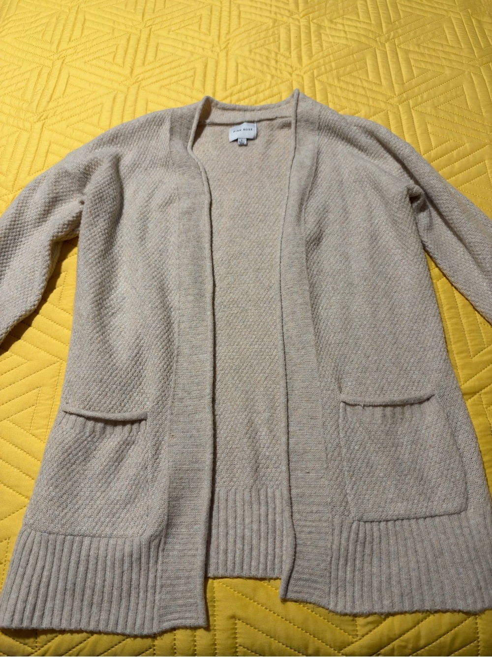 Pink Rose Cream Open-Front Ribbed-Trim Cardigan - Picture 2 of 4